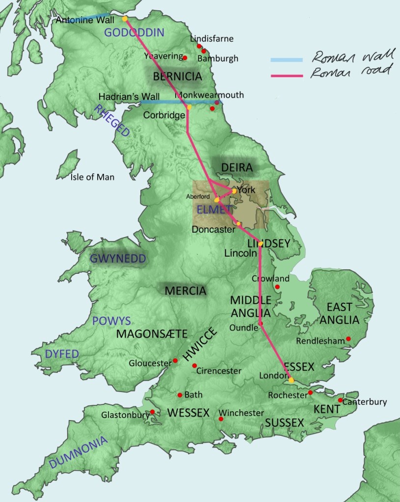map of England showing polities, Ermine Street DereStreet, two roman walls, and wetland existing circa 680