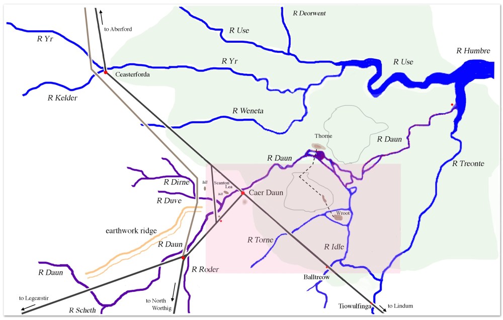 Map showing Humber basin with rivers in blue, roman road in brown, and swamp in green