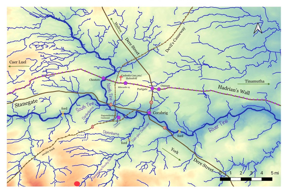 Contour map showing the Tyne Valley , Hadrian's Wall, minor rivers, and roman road, plus fords and forts