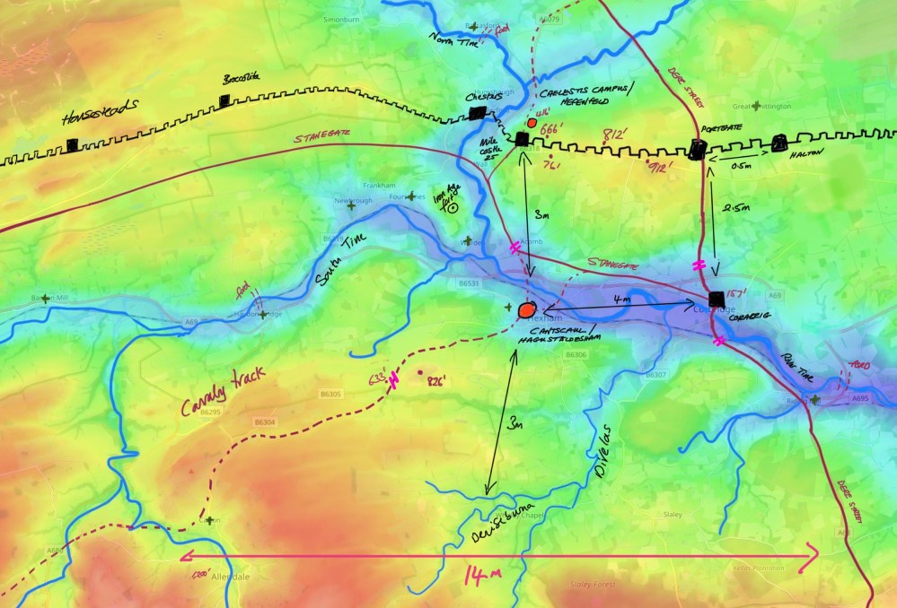 Topographical map of Hadrian's Wall, Hexham, Corbridge, and Deniseburna, showing roman roads and hill top elevations