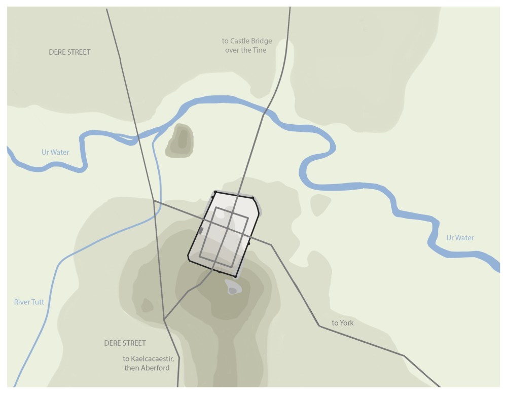 Contour map sowing fort on a hill with two rivers