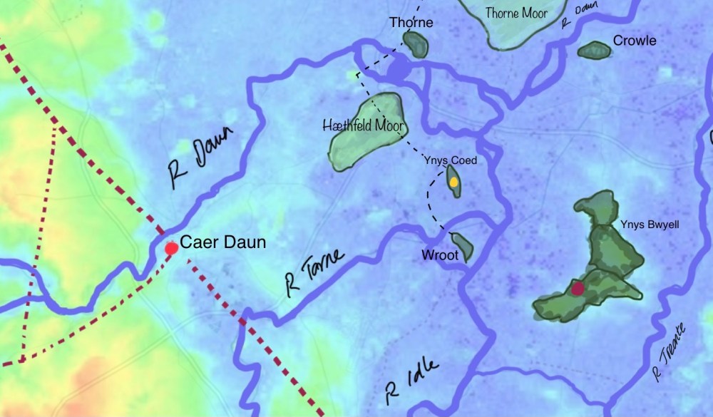 Detailed topographical map of Ynys Bwell, river, wetland, and raised islands in blue and green