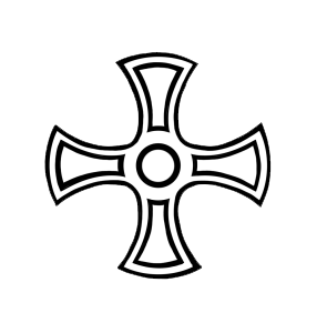 Black ad white sketch of an equal-armed cross with rounded ends. Each arm and the centre are inset with appropriately-shaped shapes representing jewels