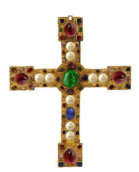 Heavy gold cross gaudy with jewels including garnet, pearls, emerald, diamond, and sapphire