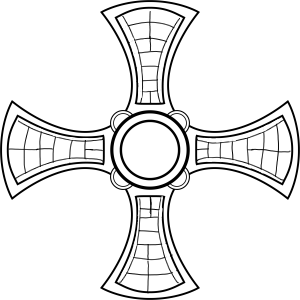 Line drawing of equal-armed cross with hatch marks to show where cloisonné cells hold chips of garnet