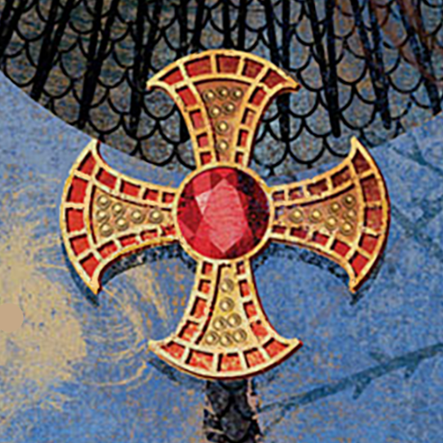 Detail from the cover of Menewood showing a gold, equal-armed cross inset with garnet
